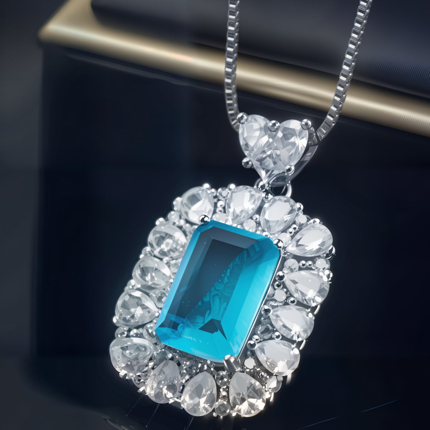 Cushion Cut Blue Cubic Zirconia Halo Pendant Necklace For Women, Copper Plated Silver Heart Bail White Pear Shape CZ Halo Statement Wedding Jewelry Gift