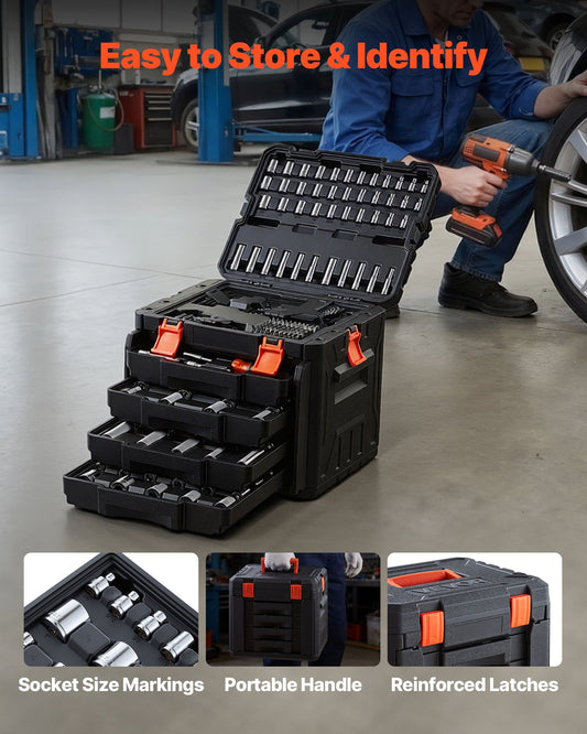 Mechanics Tool Set, 256-Piece Mechanic Tool Kit, 1/4 In, 3/8 In, And 1/2 In Drive, SAE And Metric Socket Set, Wrenches, Screwdriver Bits, Accessories, And Storage Case, For Automotive Repair