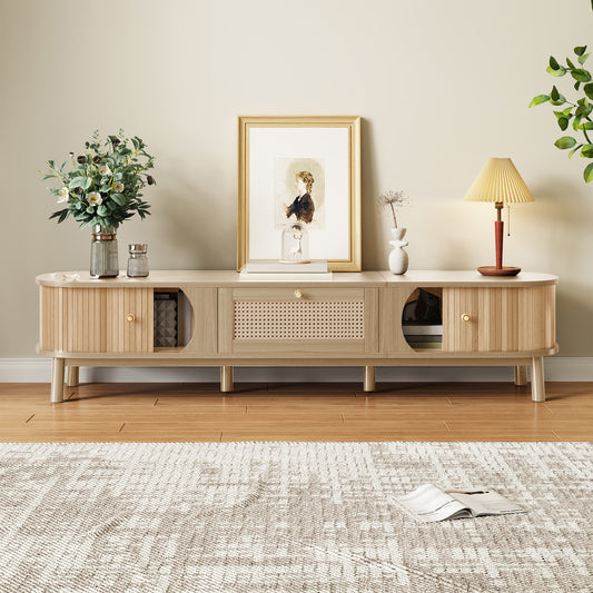 TV Cabinet TV Stand With Solid Natural Wood Doors And Rattan Drawers. Natural Storage Solutions For A Rustic Atmosphere