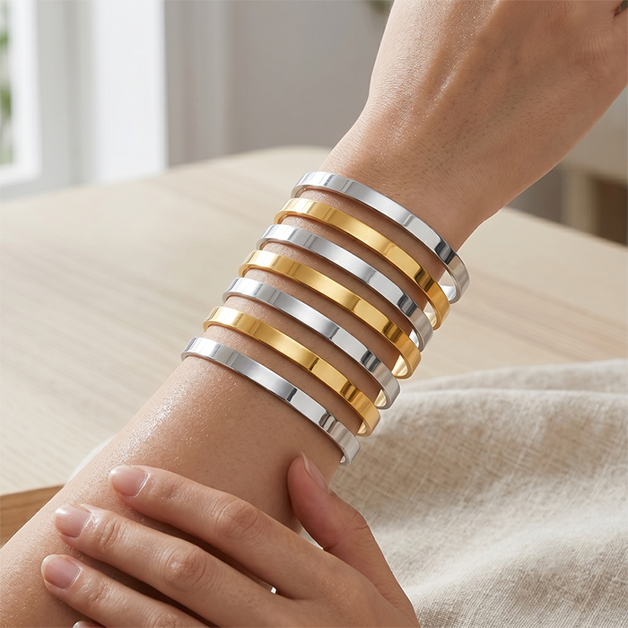 7Pcs Stackable Cuff Bangle Bracelets For Women, 18K Gold Plated Stainless Steel Plain Open Bangle Set, Minimalist Layering Jewelry Gift