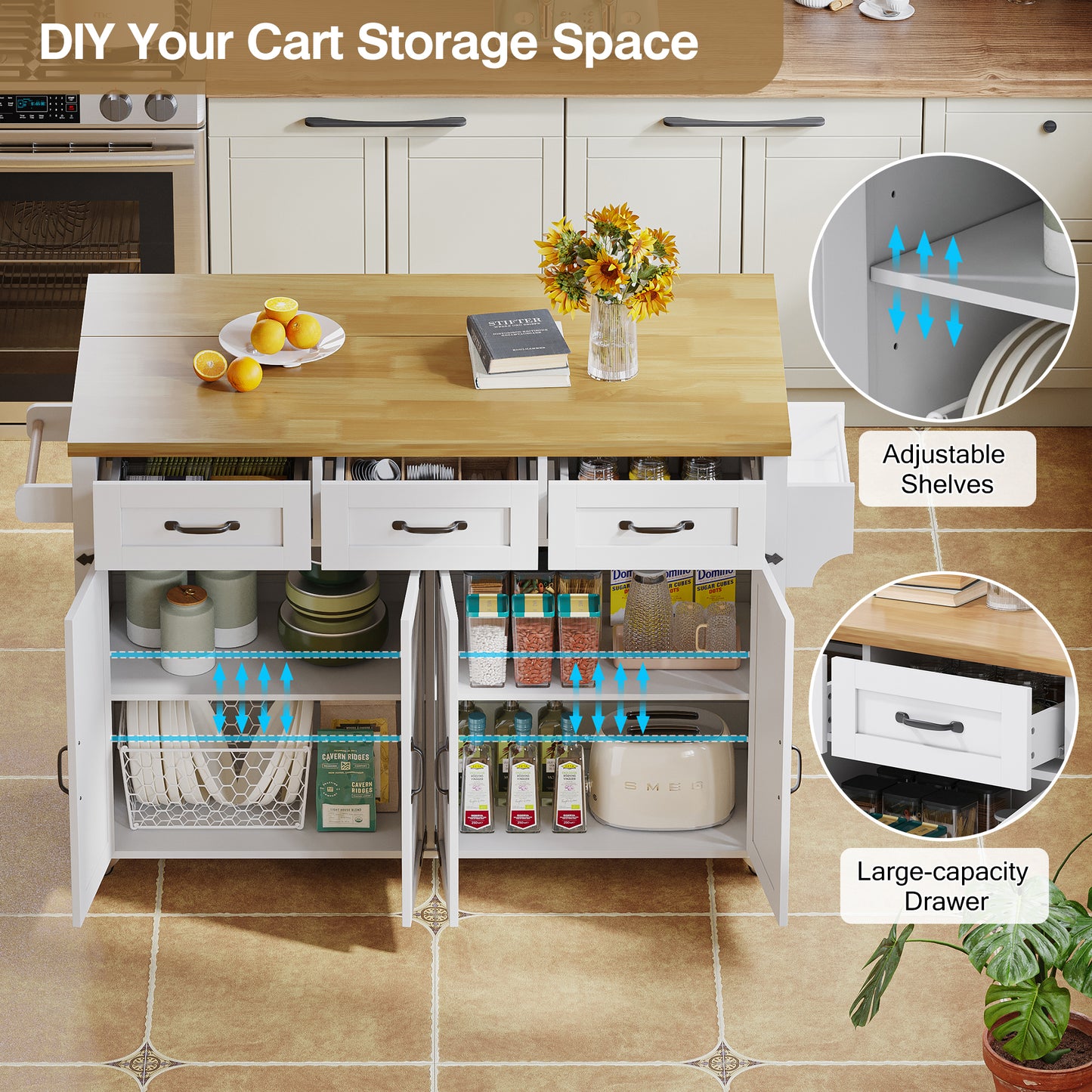 Kitchen Island On Wheels, Rolling Storage Trolley With Foldable Tabletop, 5 Lockable Wheels, 4 Doors, 3 Drawers, Double-sided Storage Racks, Towel Holder, Barn Style Design, White, 140x43 70 X90.5 Cm