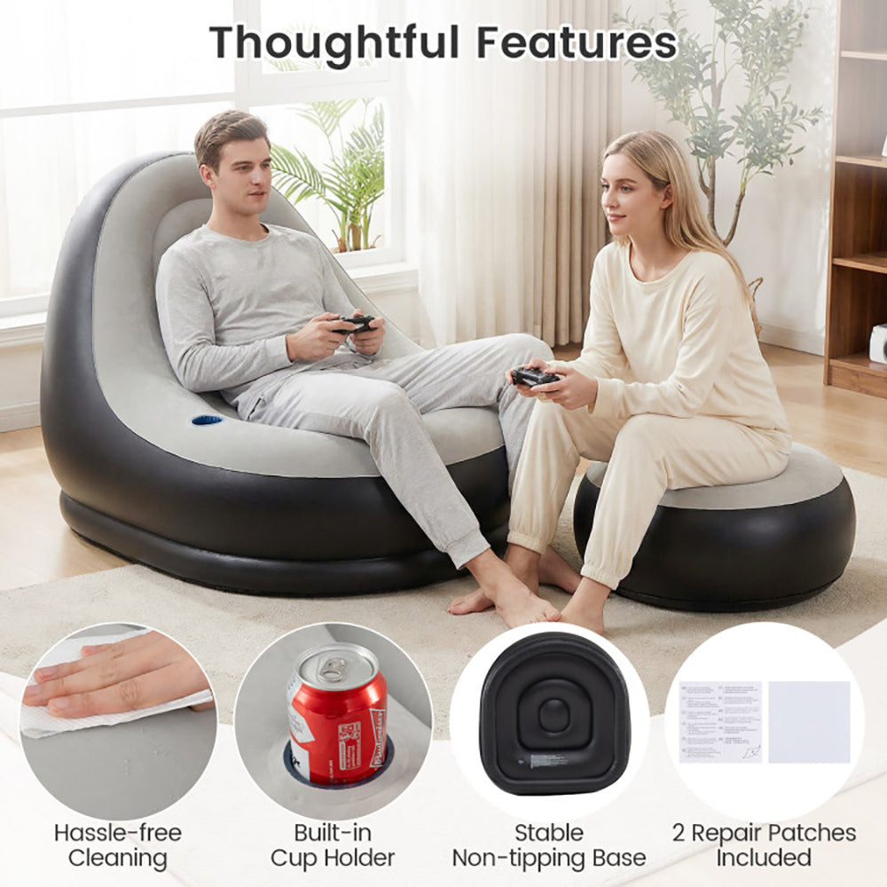 Inflatable Lounge Sofa With Ottoman Portable Air Sofa Of Up To 220 Lbs For Adults With Flocked Surface For Home, Yard, And On The Go Occasions Like Camping Or Trips