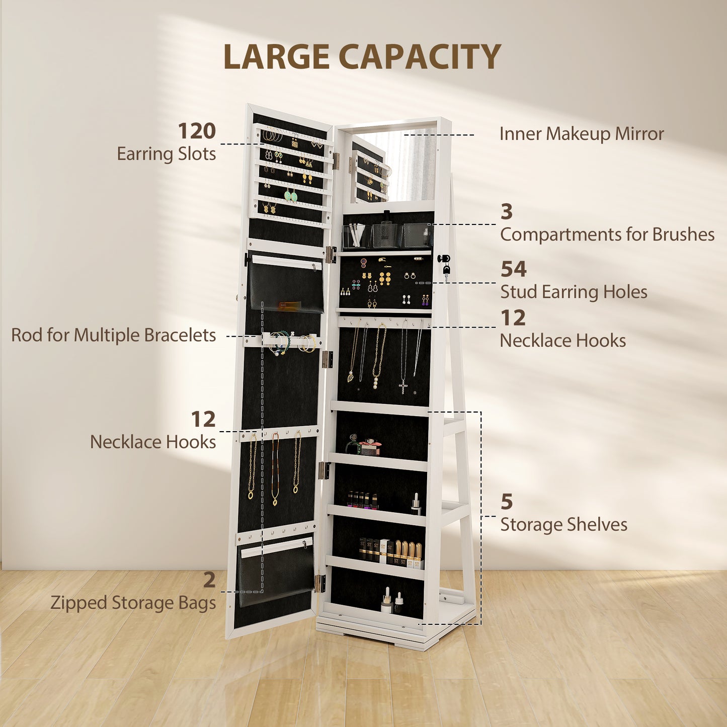 360° Swivel Jewellery Cabinet, Free Standing Full Length Mirror With Storage, Lockable Jewellery Organiser With Built-in Makeup Mirror And Storage Shelves For Bedroom, White