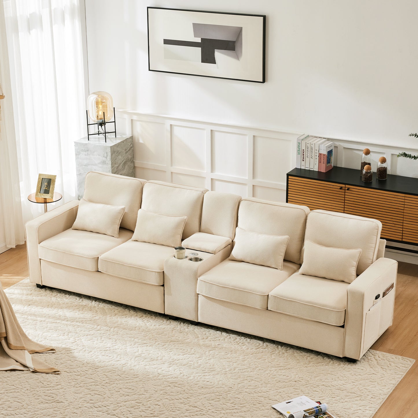 Modern 4 Seater Sofa In Linen Fabric With Console, 2 Cup Holders, 2 USB Ports For Charging With Cable, With Armrest Pockets And 4 Cushions, Simple Sofa For Living Room, Apartment, Office