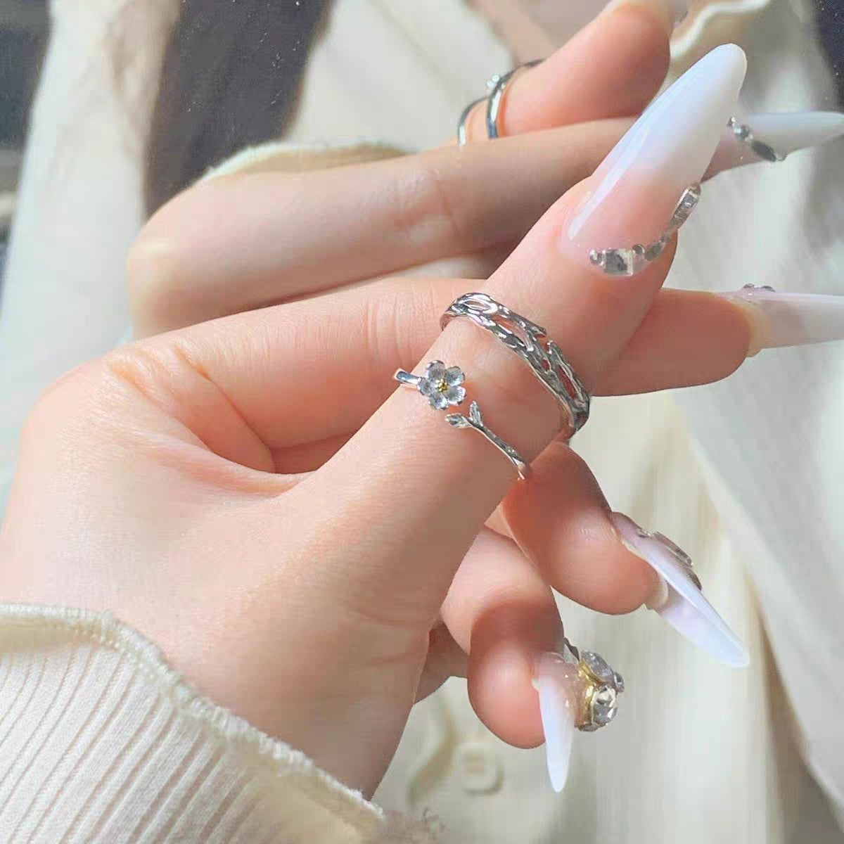 1 Pair 999 Sterling Silver Twig & Flower Couple Rings, Minimalist Romantic Style, For Daily Wear & Valentine's Gifts