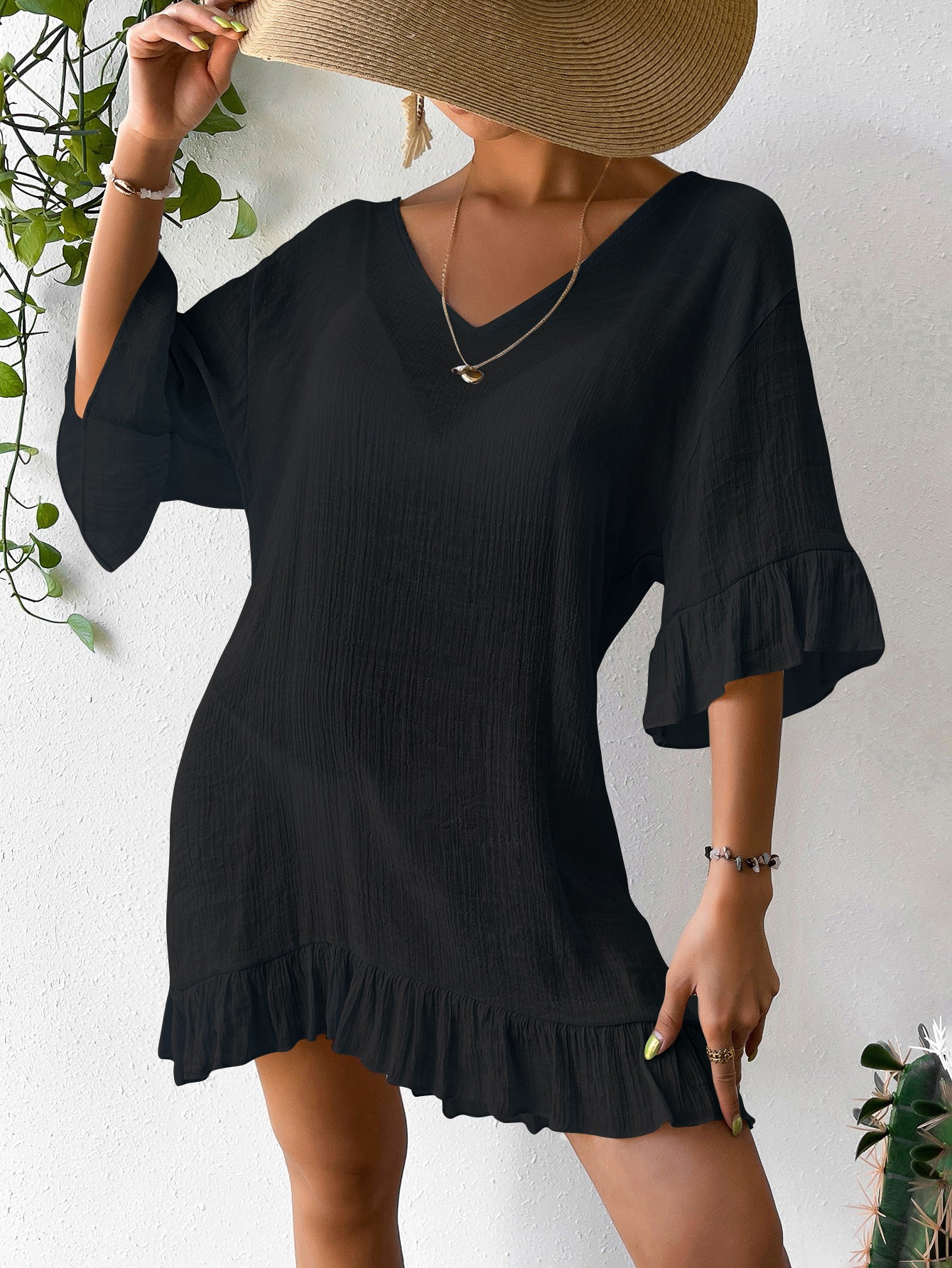 New V Neck Flare Sleeve Back Butterfly Print Sun Protection Dress, Bestseller Beach Cover Up Dress For Amazon