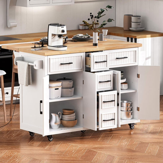 K&K 56.5  Kitchen Island With Drop Leaf, Power Outlet, Embossed Vertical Stripe Rolling Kitchen Cart On Wheels With 4 Doors , 5 Deep Drawers And Adjustable Shelves, For Kitchen, Dining Room, White