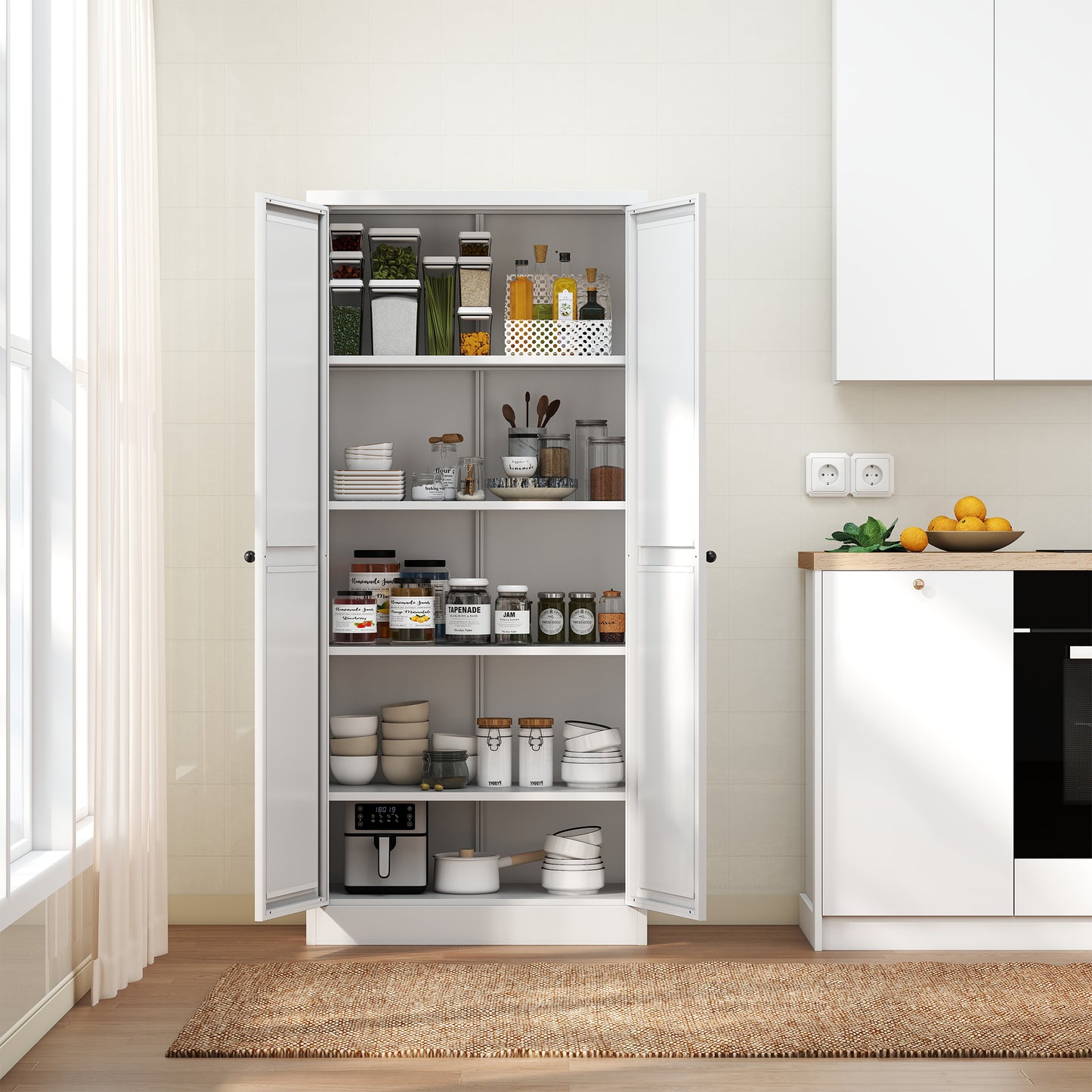 61  White Metal Kitchen Pantry Cabinet Adjustable Storage With 4 Shelves  110lb Capacity , Heavy Duty Freestanding Pantry Organizer For Kitchen, Pantry, Living Room