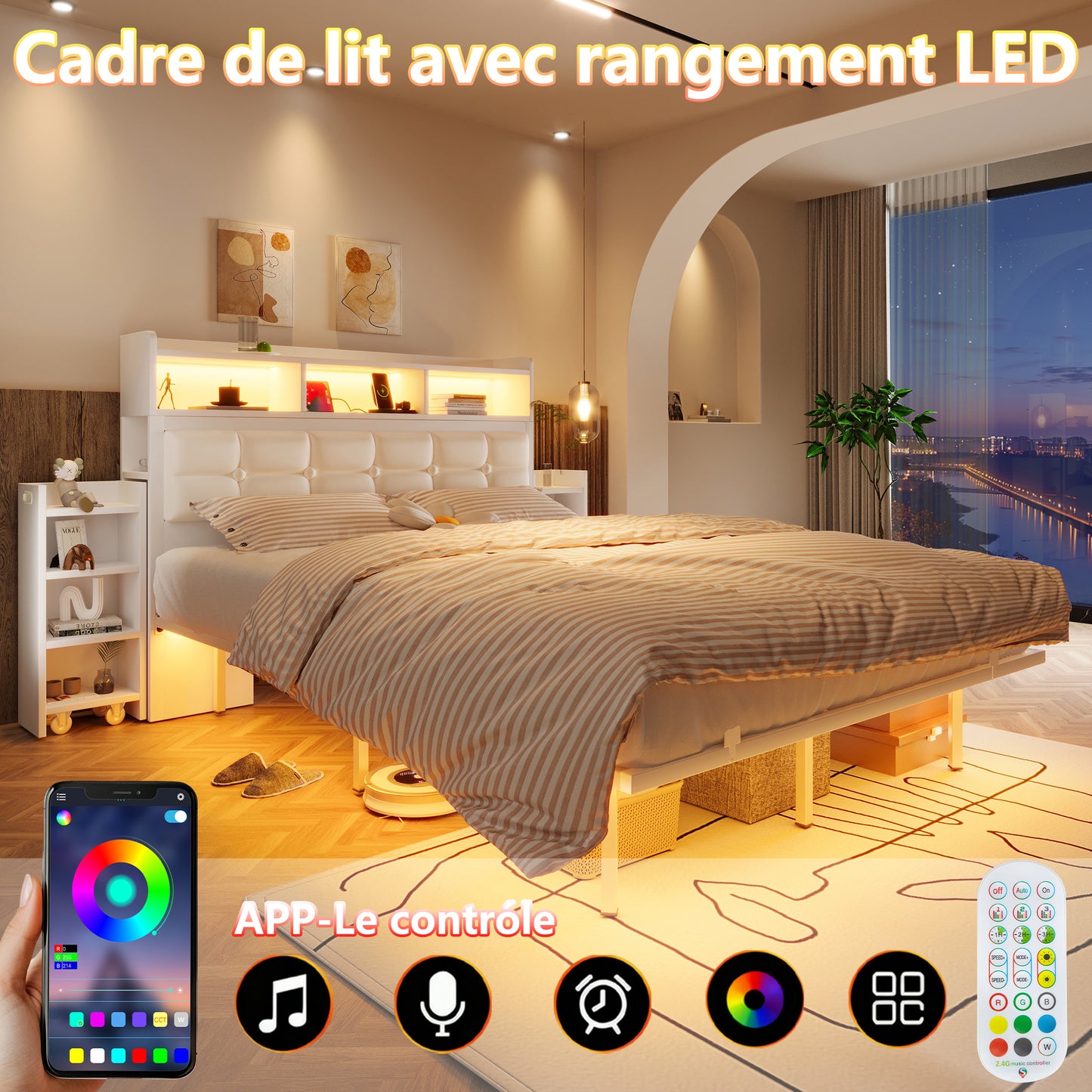 Double Bed 140x190 CM With Slatted Base And Headboard, With 2 Extendable Bedside Tables, With Storage Compartments, With Mobile Phone Charging Function  TYPE C Interface And USB , With LED, White