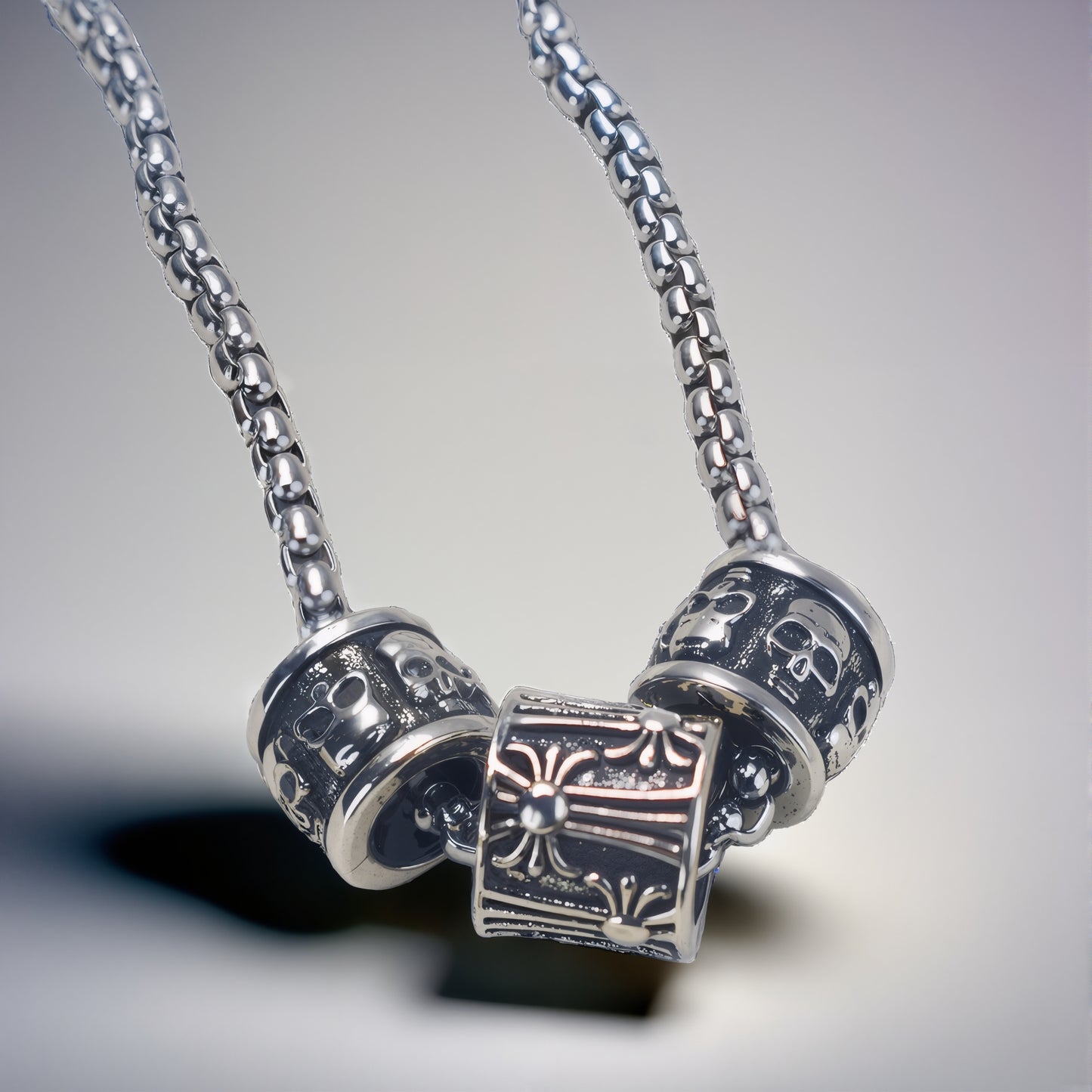 Gothic Vintage Carved Barrel Bead Necklace, Oxidized Silver Plated Biker Punk Pendant Gift For Him