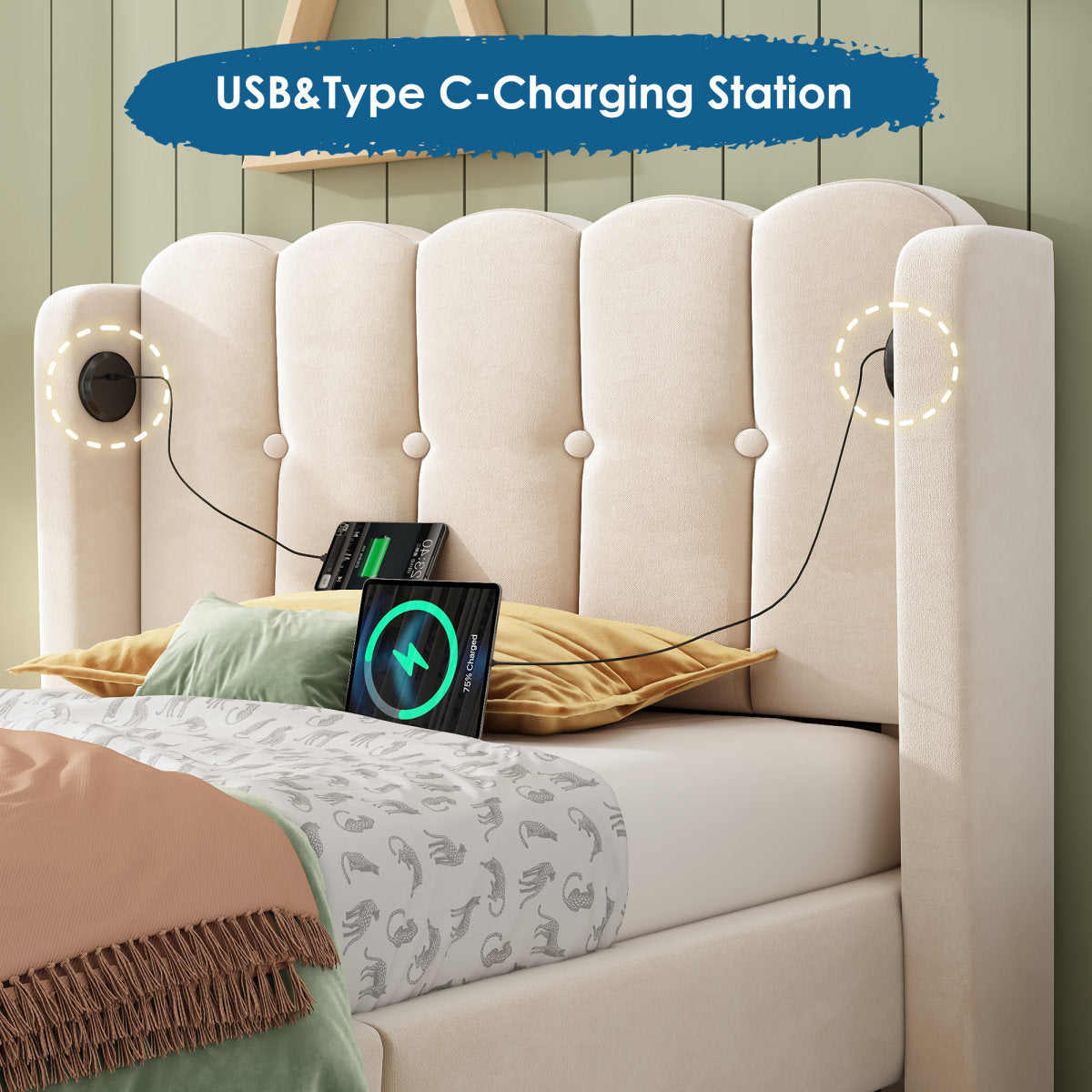 Upholstered Single Bed With USB And Type-C Charging, 3FT Bed Frame With Wooden Slatted Frame, Teenager Bed For Bedroom & Guest Room, 90 X 190 Cm, Beige, Velvet   No Mattress
