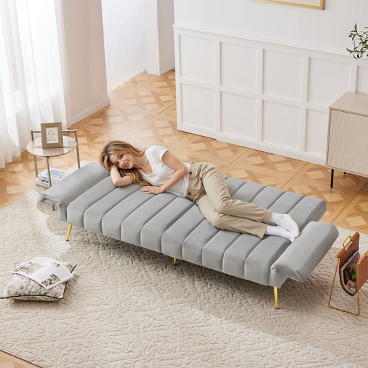 Modern Adjustable Velvet Sofa Bed With Multi Position Backrest & Armrests, Metal Legs, Convertible Sleeper Function, Ideal For Living Room, Bedroom, Home Theater & Guest Room, Grey, Video Included