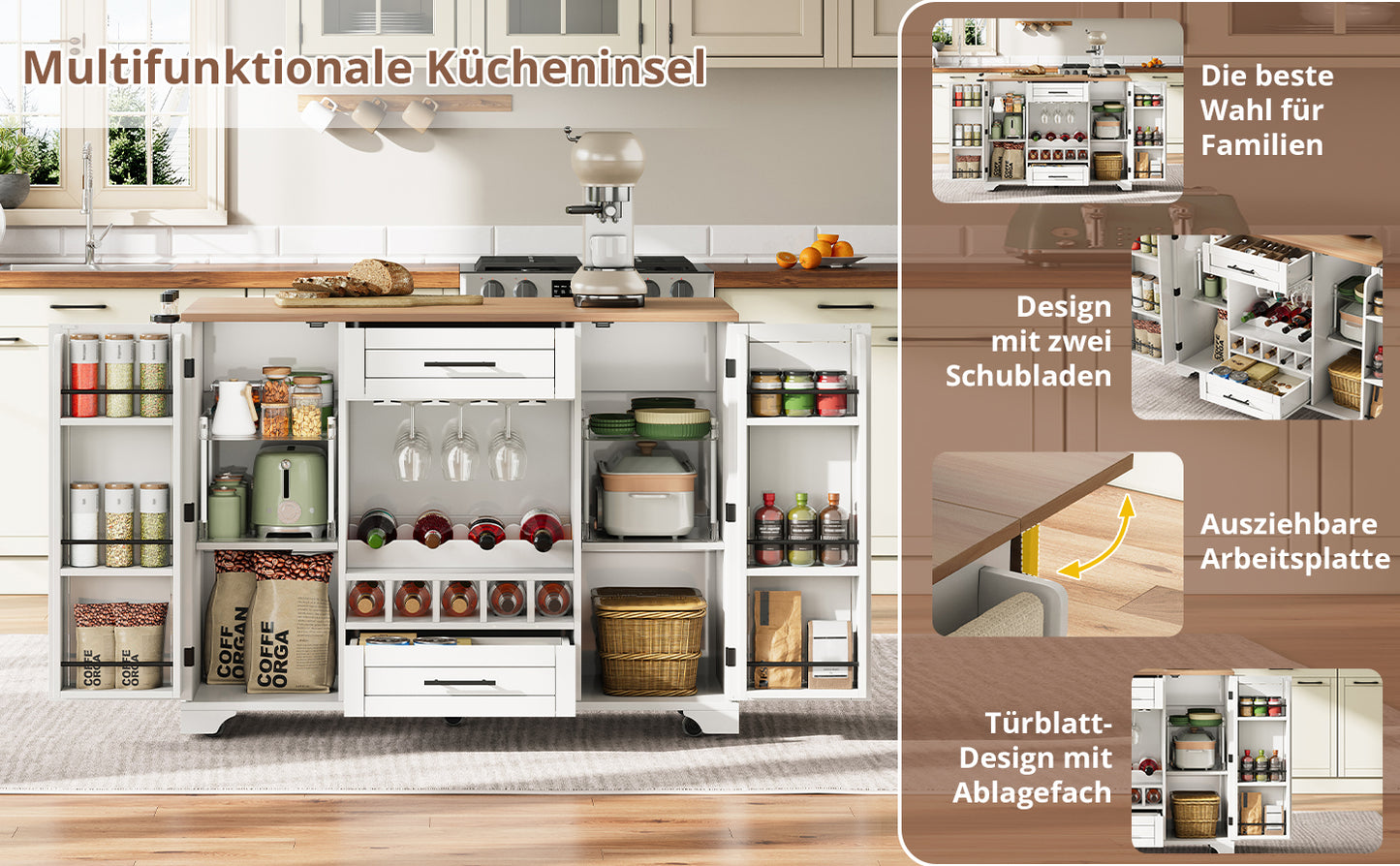 Kitchen Trolley With Folding Worktop, Kitchen Island On Wheels With Wine Rack, Glass Holder, Spice Rack & Towel Rack, 120x45 70x92cm, White   Multifunctional Serving Trolley With Storage