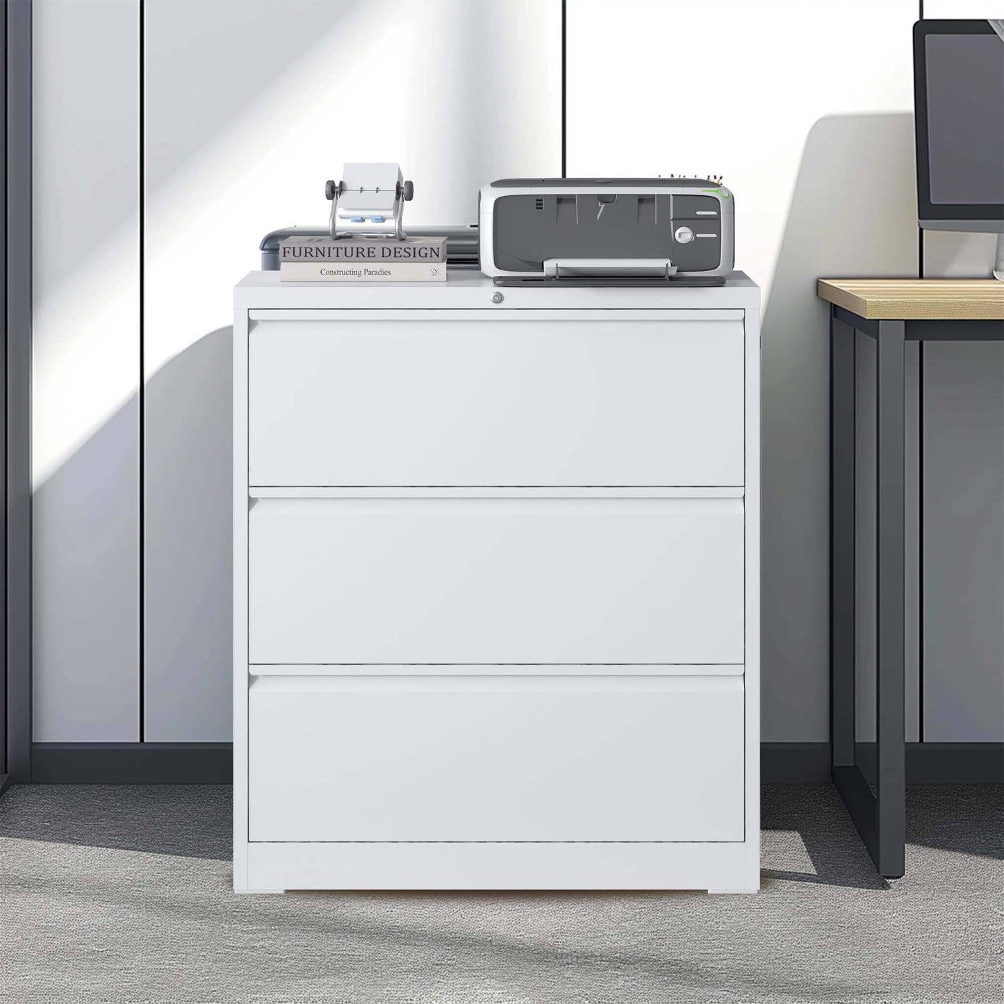 Lateral File Cabinet 3 Drawer, White Filing Cabinet With Lock, Lockable File Cabinet For Home Office, Locking Metal File Cabinet For Legal Letter A4 F4 Size
