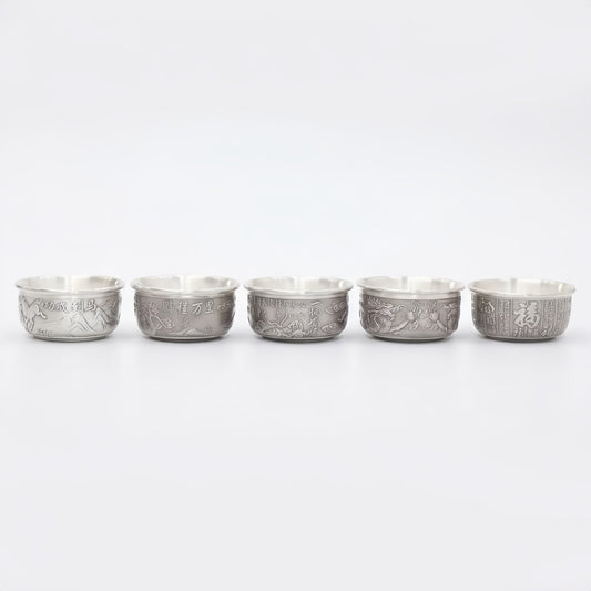 925 Sterling Silver Set of Five Antique-Style Chinese Silver-Plated Tea Cups with Embossed Traditional Motifs - Handicraft
