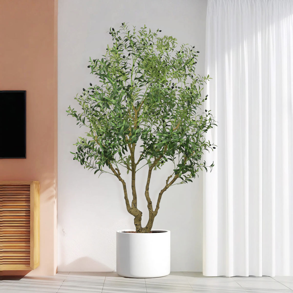 8FT Tall Artificial Olive Tree - Large Faux Potted Tree with Natural Trunk and Lifelike Olive Leaves and Fruit, Elegant Indoor/Outdoor Decorative Plant for Living Room, Office or Entryway, 1pc/set