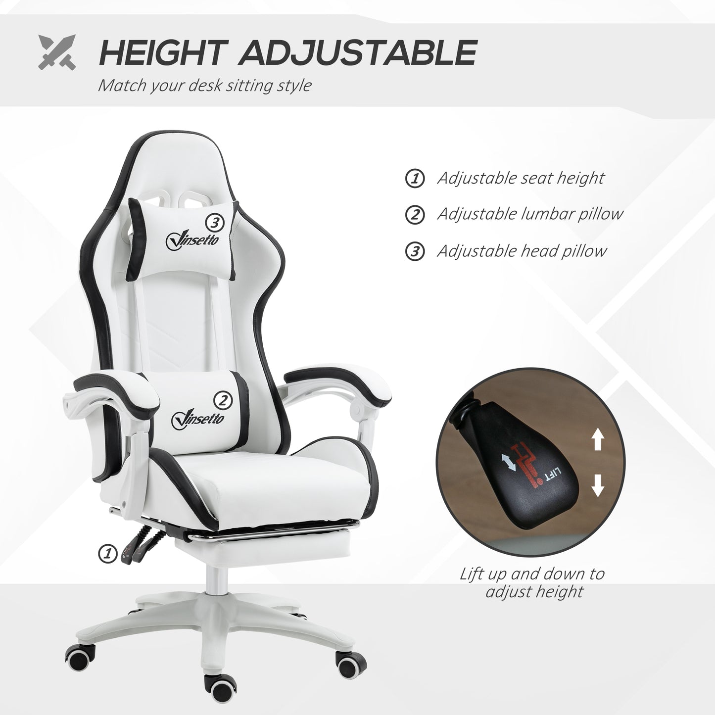 Vinsetto Computer Gaming Chair, PU Leather Office Desk Chair With Footrest, Swivel Wheels, 135° Reclining Back, Lumbar Support, Headrest For Home, White And Black