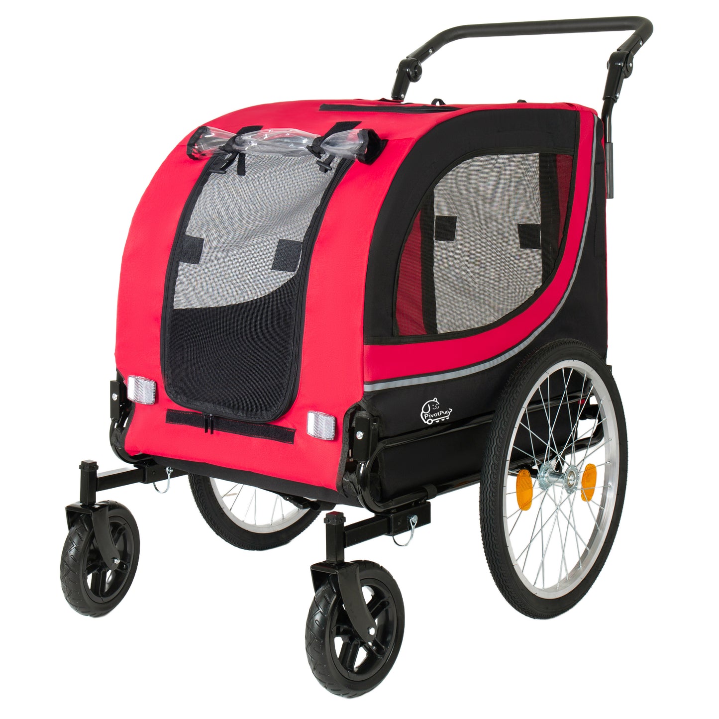2-in-1 Bike Trailer & Pet Stroller For Dogs Up To 100lbs Foldable Pet Carrier Cart With Two 8   Front Caster & 20   Quick Release Air-Filled Wheels, Breathable Mesh And PVC Rain Cover, Red