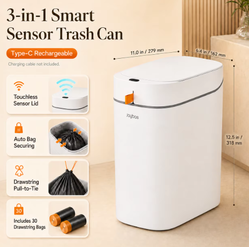 Joybos Smart Trash Can With Auto Lining, Touchless Sensor Garbage Bin  Free Drawstring Bags, No Mess Pull And Lift Wastebasket