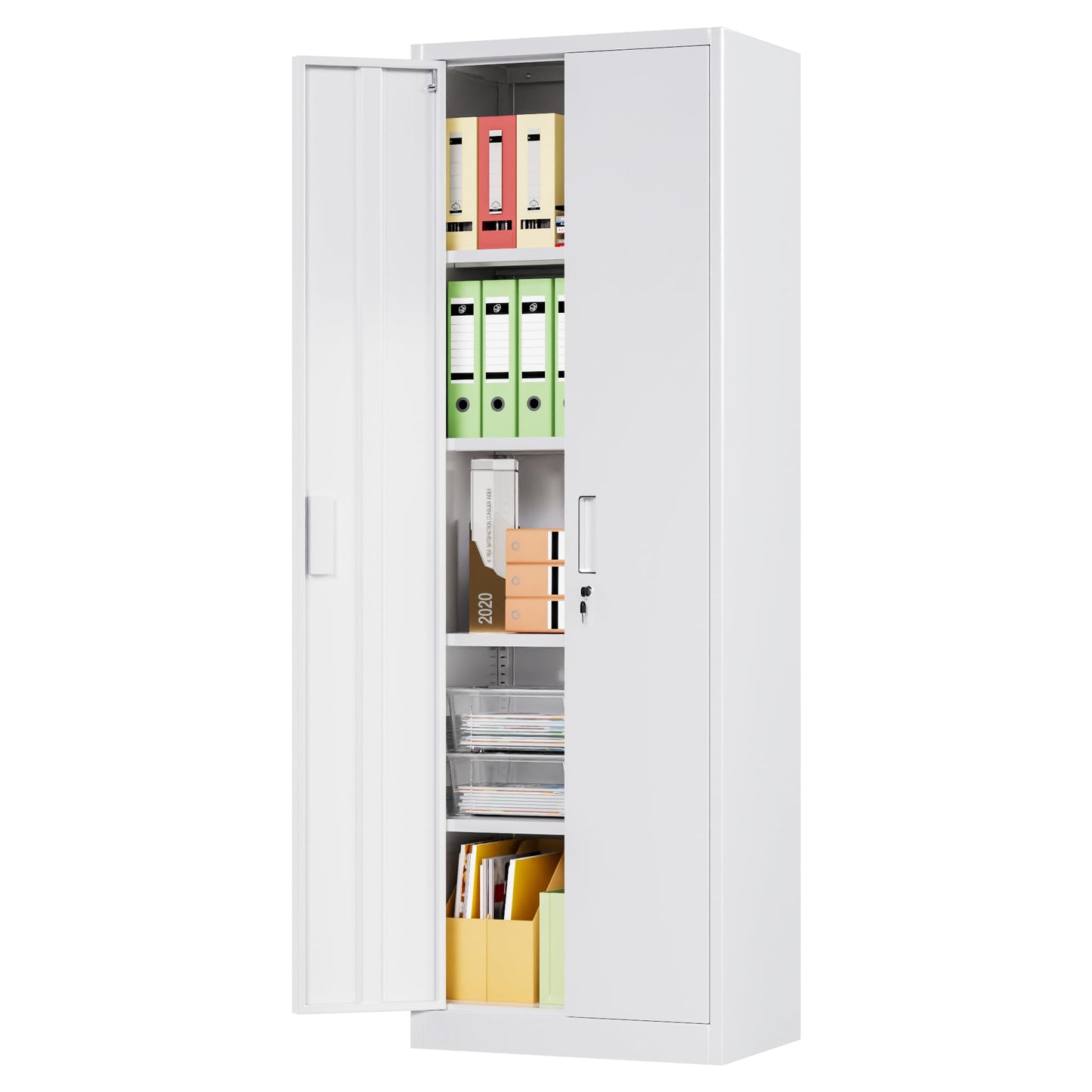 Narrow Metal Garage Storage Cabinet, Lockable Narrow Steel Storage Cabinet With 4 Adjustable Shelves For Garage, Office, Home, Assembly Required, White