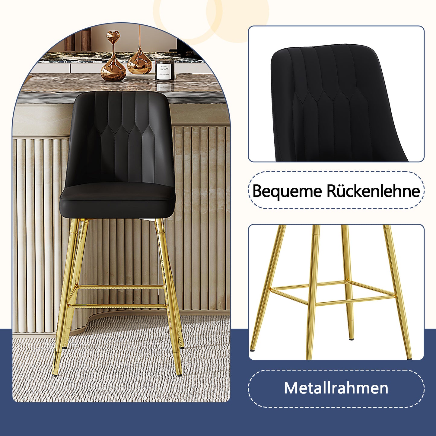 Set Of 2 Bar Stools, Height 100 Cm, Black PU Leather With Gold-coloured Metal Frame And Comfortable Footrest. Available In Several Colours  The Ideal Choice For Your Home Bar.