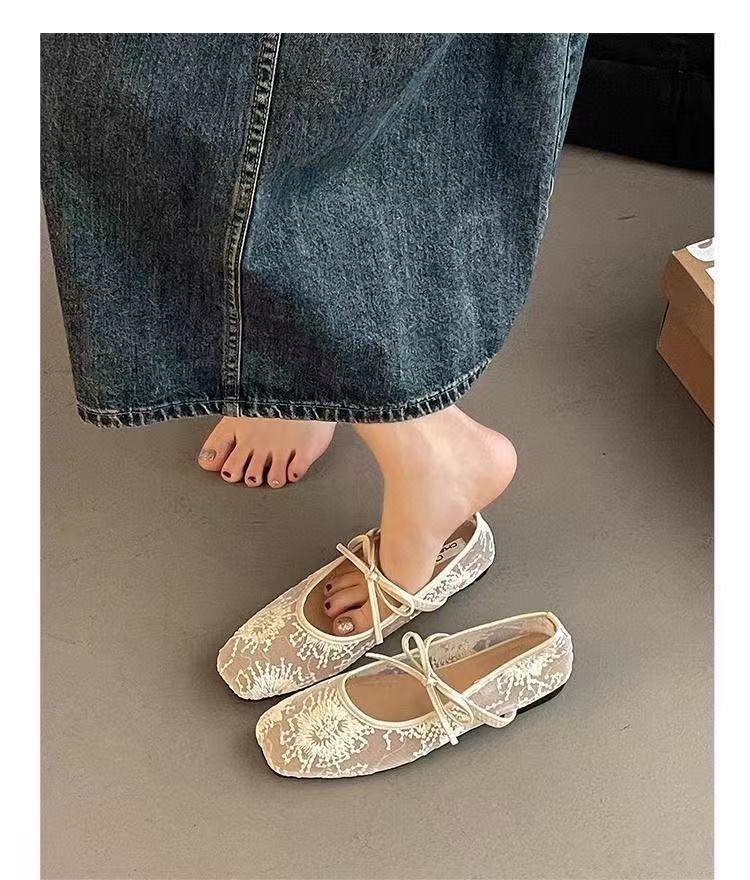 Women Breathable Mesh Mary Jane Shoes, New Spring Summer Low Cut Fairy Style Pumps, Bowknot Design Hidden Wedge Heels