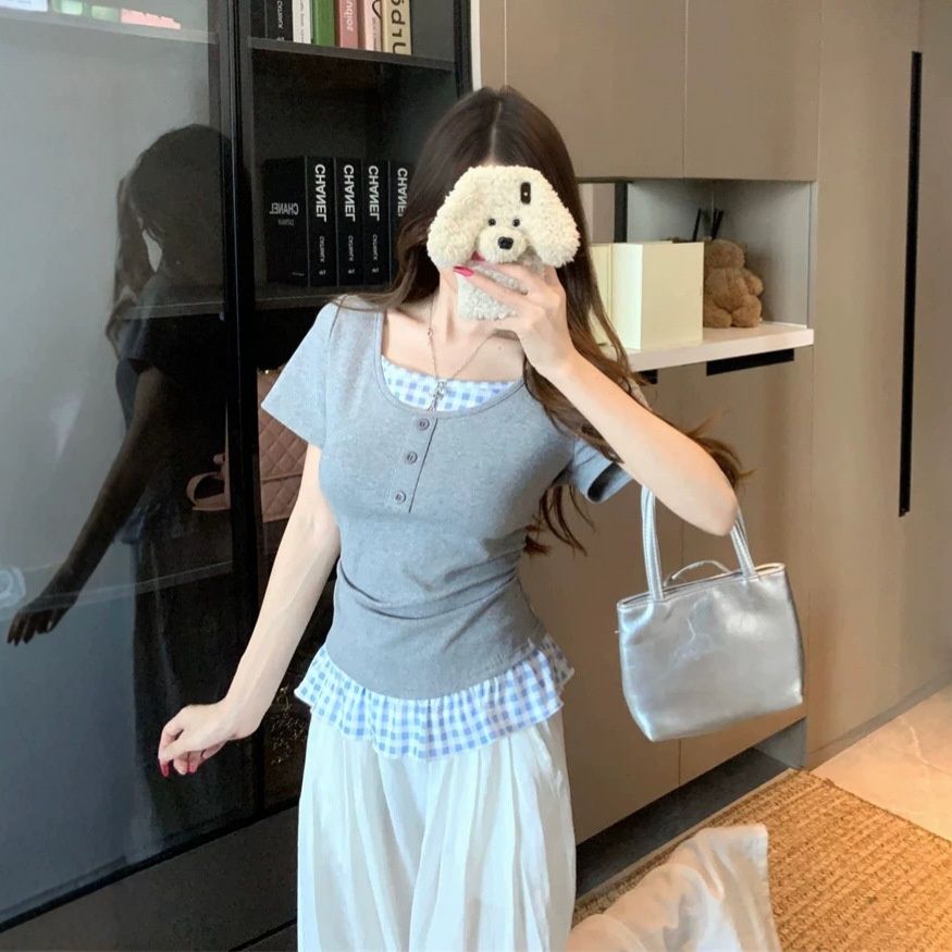 Korean-style Faux Two-piece Plaid Patchwork T-shirt For Women