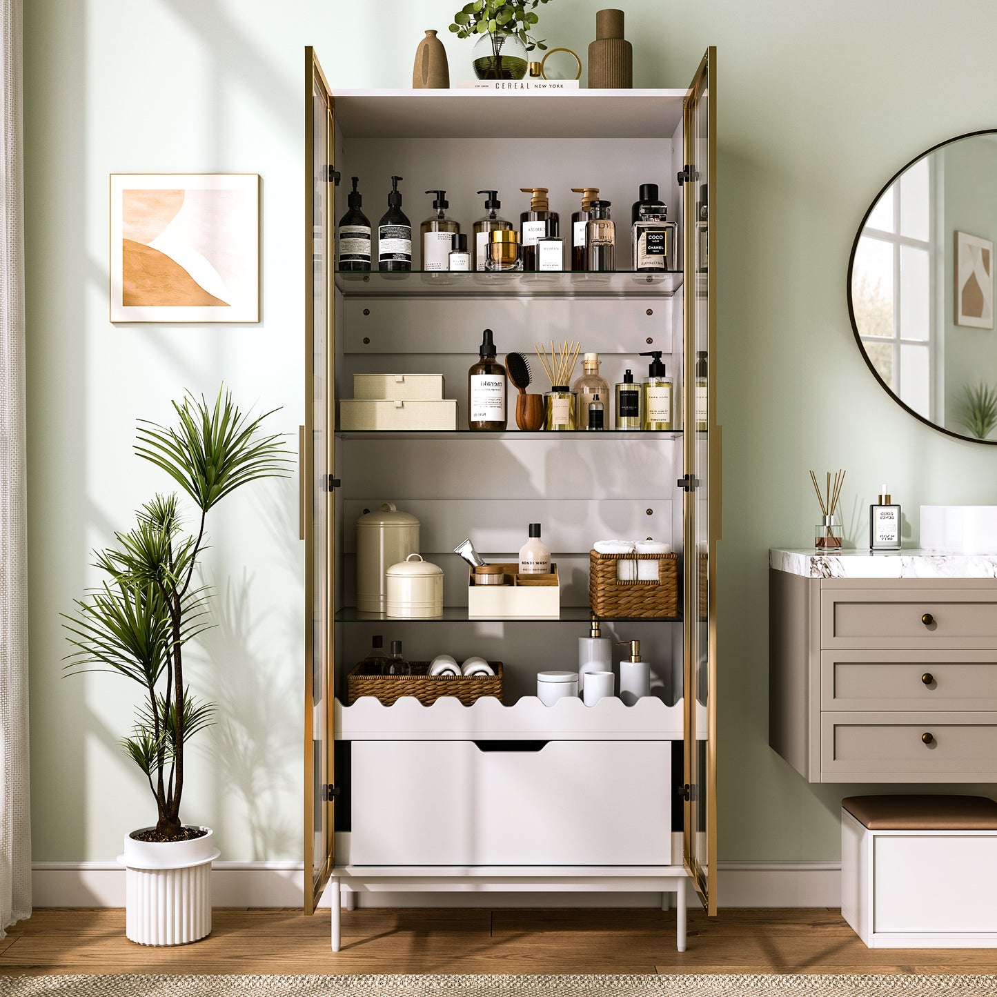 Tall Cabinet With Glass Door, Height-adjustable Glass Shelves, With Drawer, Wave Decor, Metal Feet  Suitable For Living Room, Bedroom And Hallway
