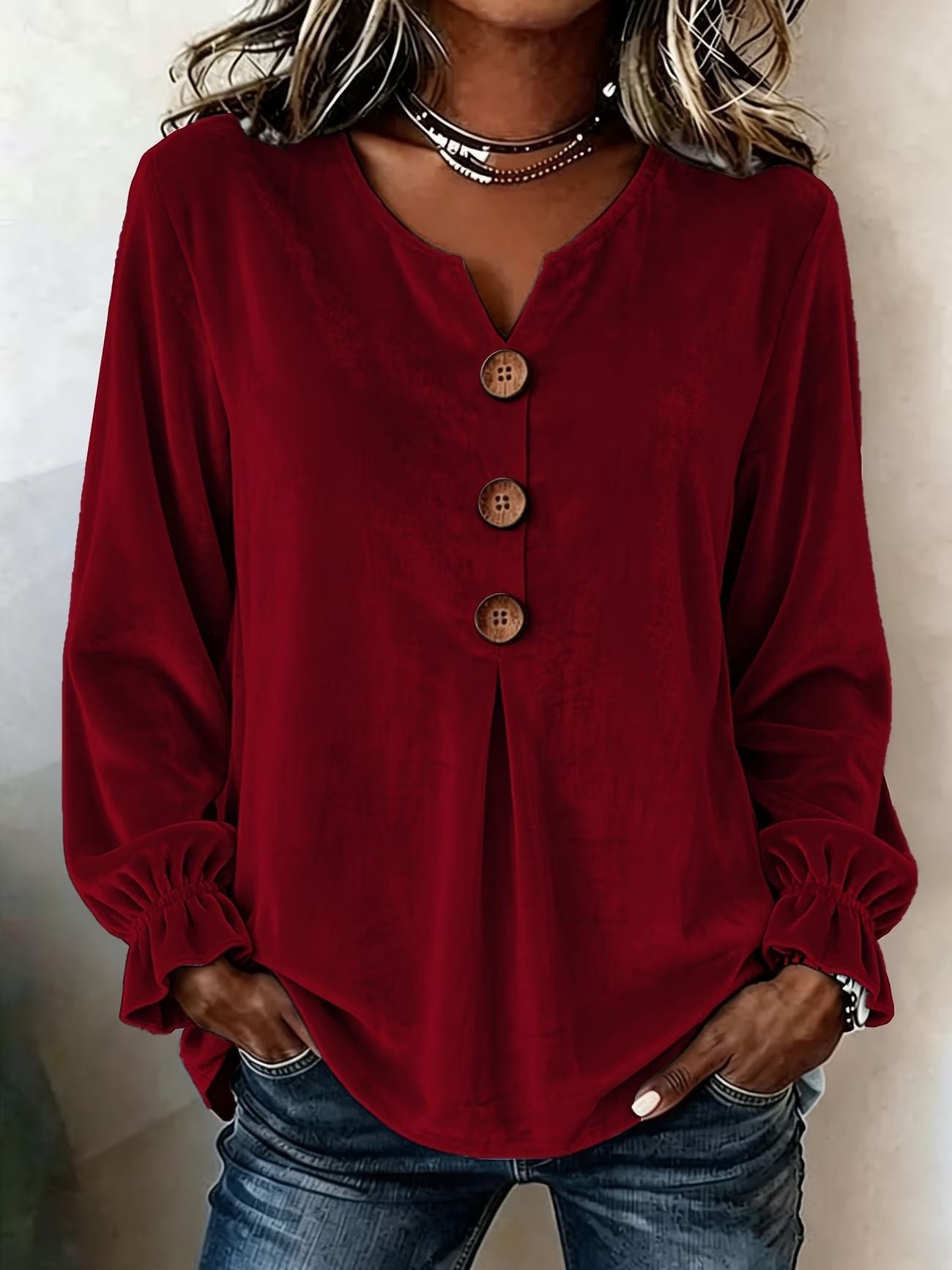 New Velvet Long Sleeve Blouse, Fashion V-Neck Button Shirt