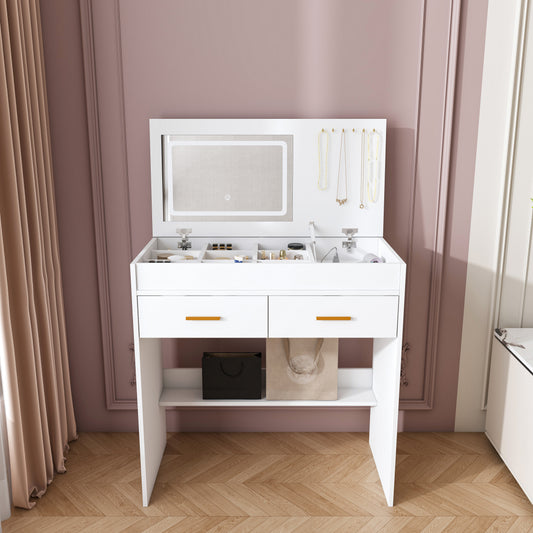 Flip Top Vanity Desk With LED Lighted Mirror & Built-in Outlet - Makeup Vanity Table With 2 Drawers, Open Storage, Hooks For Jewelry No Stool Included, White