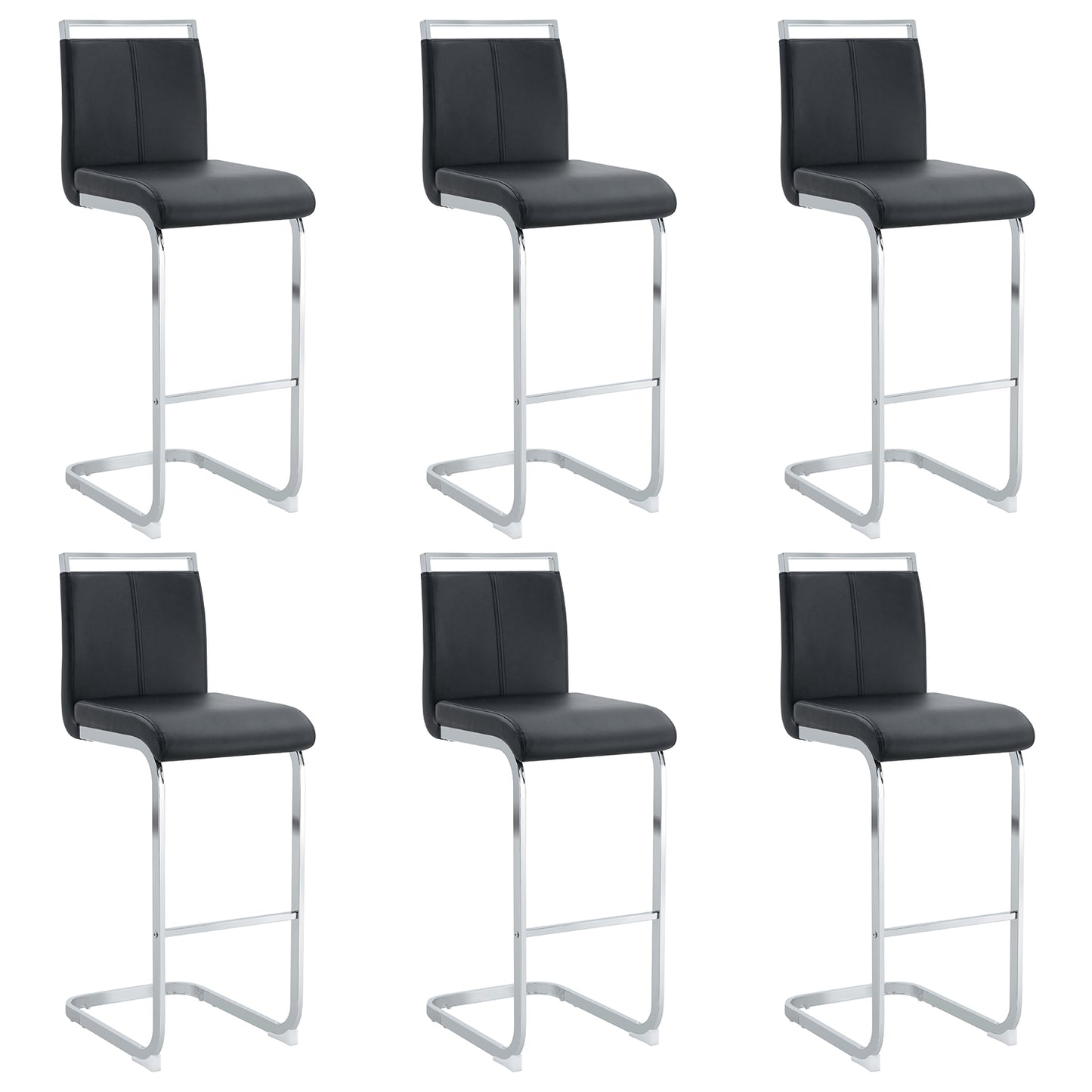 Modern And Beautiful Bar Stool Upholstered In PU Leather With C-shaped Silver Metal Legs For Dining Rooms, Kitchens, Terraces And Guest Office Chairs.  Set Of 6     Black  PU