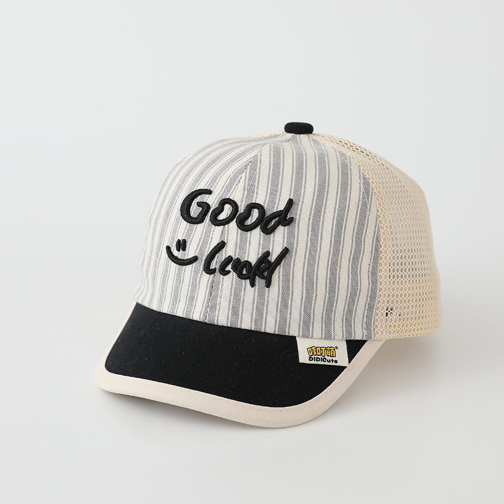 Summer Men's And Women's Striped Baseball Cap With Embroidered Letters Good Luck On The Body, Net-like Fabric, Fashionable And Casual Style