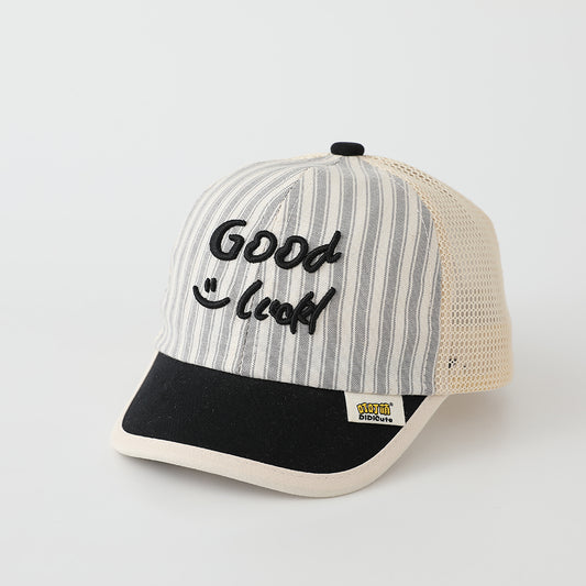 Summer Men's And Women's Striped Baseball Cap With Embroidered Letters Good Luck On The Body, Net-like Fabric, Fashionable And Casual Style