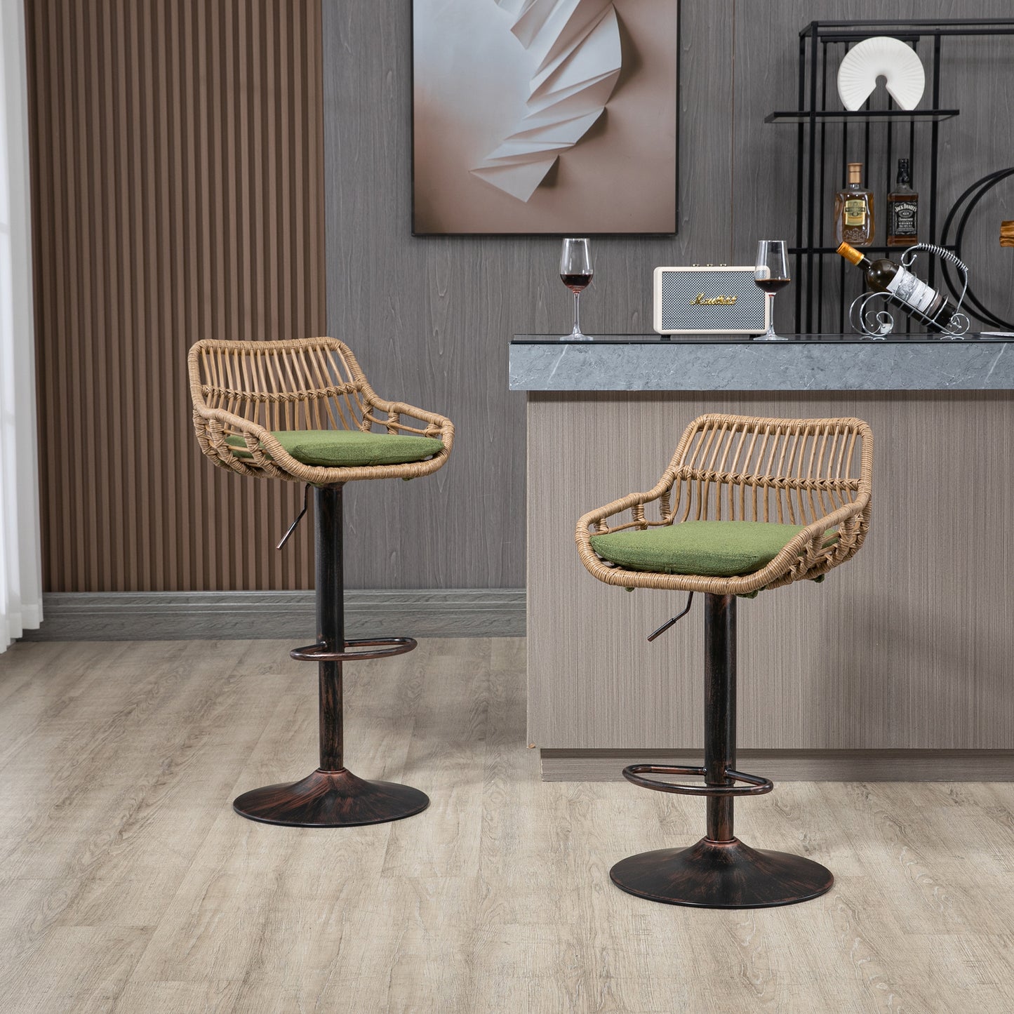 Modern Swivel Bar Stools Set Of 2 Adjustable Counter Height Chairs With Footrest For Kitchen, Dining Room  Green