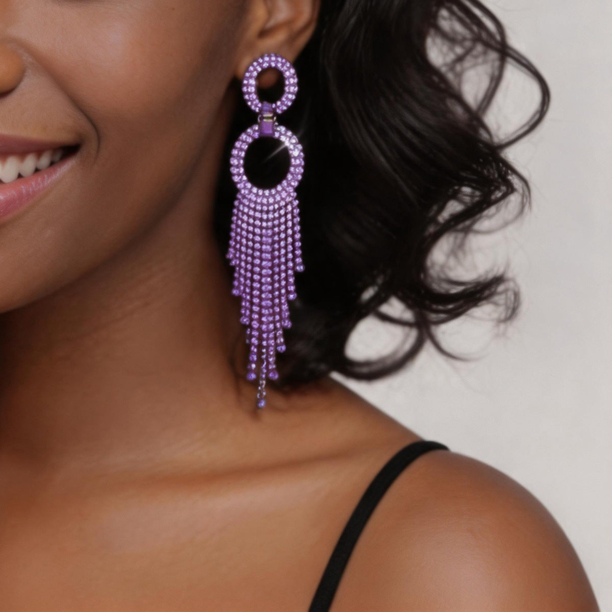 European American Trendy Lavender Full Paved CZ Long Tassel Dangle Earrings, Sparkly Ear Jewelry For Party Club, High-End Fashion Cross-Border Accessories For Women