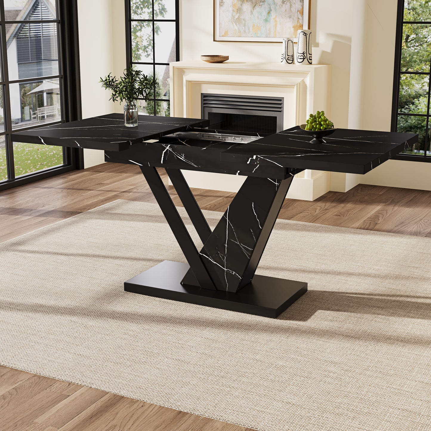 Telescopic Dining Table  120-160x75cm , Table, Kitchen Table, Extendable Table, Extendable To 120-160cm With The Help Of Internal Inserts, For Kitchen And Living Room, Dining Table With Black Marble P