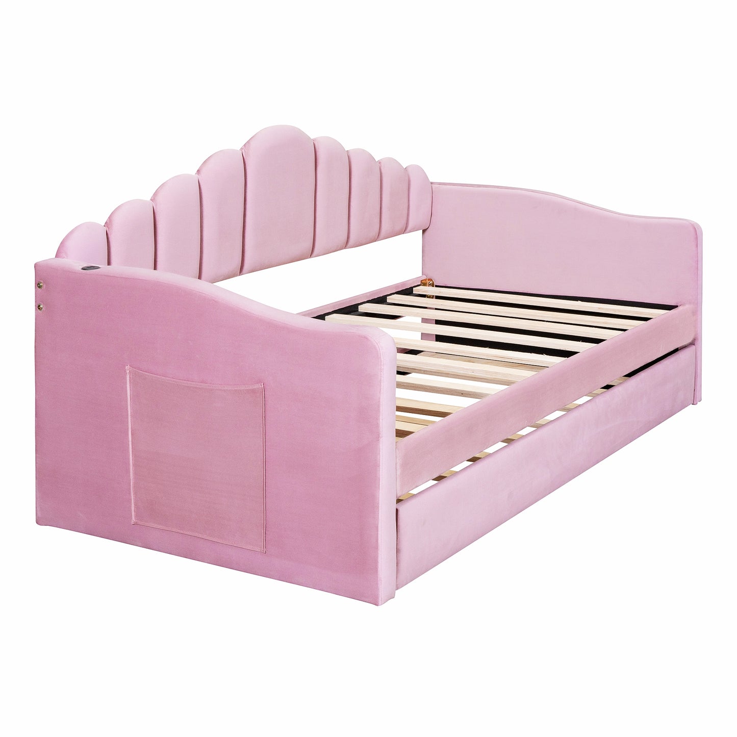 Twin Size Upholstered Daybed With Trundle ,Velvet Sofabed With USB Charging Ports,No Box-spring Needed,