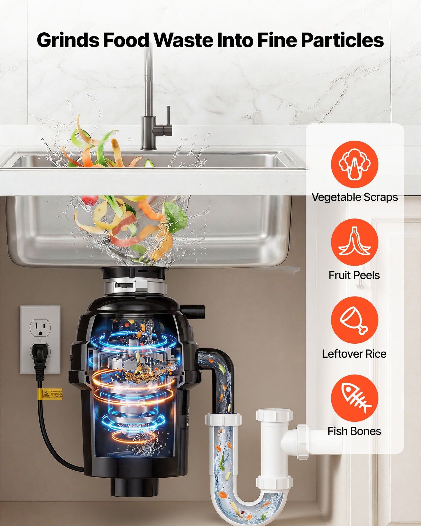 Food Waste Garbage Disposal, 1HP 3500RPM DC Motor, Continuous Feed Kitchen Sink Garbage Disposer, EZ Connect Food Waste Grinding System With Sound Reduction & Power Cord For Kitchens