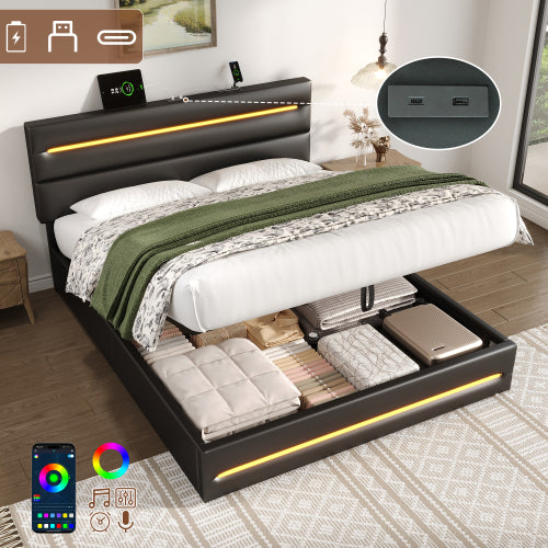 4ft6 Double Upholstered Bed Frame With Hydraulic Storage, PU Ottoman Bed With LED Lighting And Charging Station, LED Adjustable Headboard With USB And Type - C Ports, Black