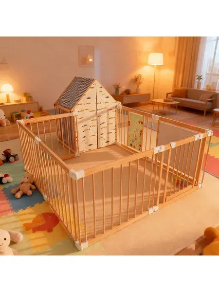 Natural Wood Baby Playpen 10 Panel Foldable Play Yard With Door Panel And Built-in Toys Easy To Assemble Foldable Assembled Into Various Shapes Includes Two Play Panels And Playhouse