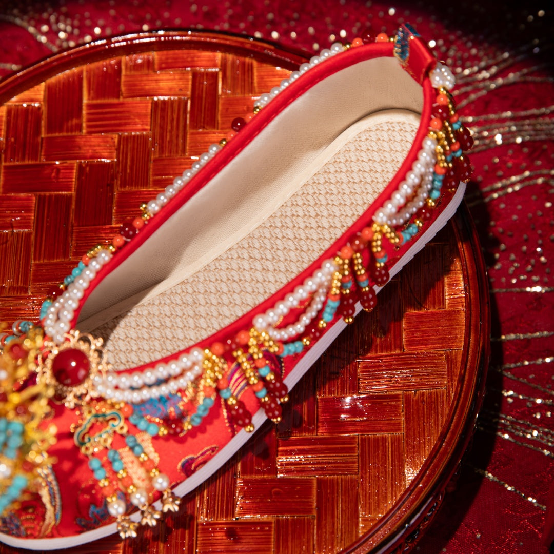 Handmade Original Chinese-Style M Ing Dynasty Wedding Shoes For Women, Red Beaded Xiuhe Bride Shoes, Premium Traditional Chinese Wedding Shoes