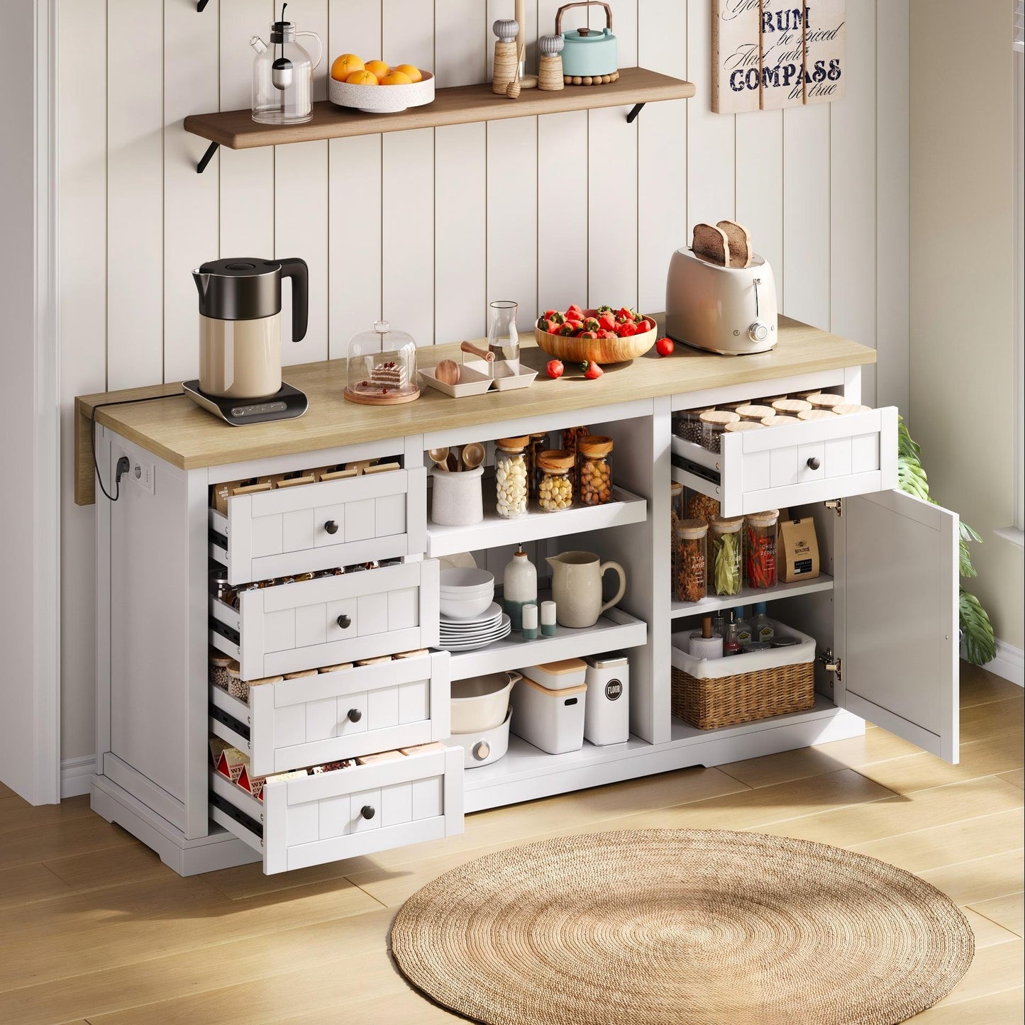 Sideboard, Kitchen Island, Bar Cabinet With 5 Drawers, 2 Pull-out Shelves, Foldable Extension Plate And Integrated Sockets, For Kitchen, Dining Room And Living Room, White, 150x65x75 Cm