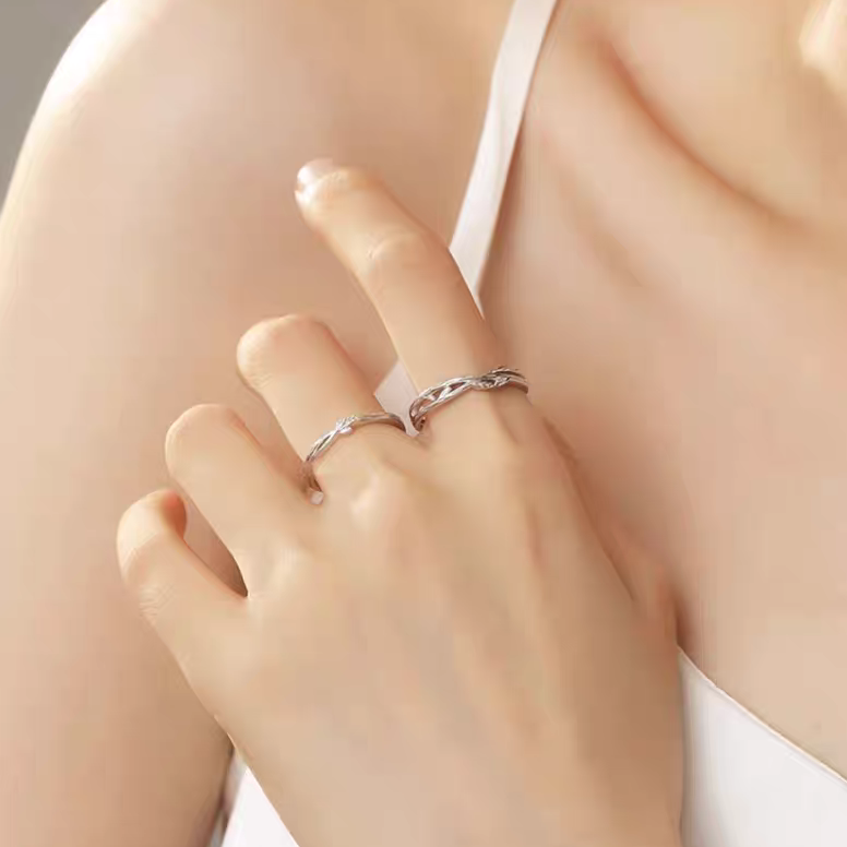 1 Pair 999 Sterling Silver Entwined Branch Couple Rings, Romantic Adjustable Promise Rings, Ideal Valentine's Day Gift For Lovers
