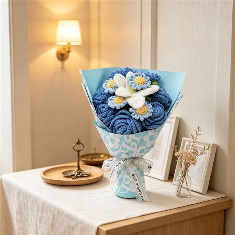 Handmade Crochet Blue Rose Bouquet, Everlasting Yarn Flowers Decorated With Daisies And White Lilies, Floral Gift Wrapped In Light Blue Paper
