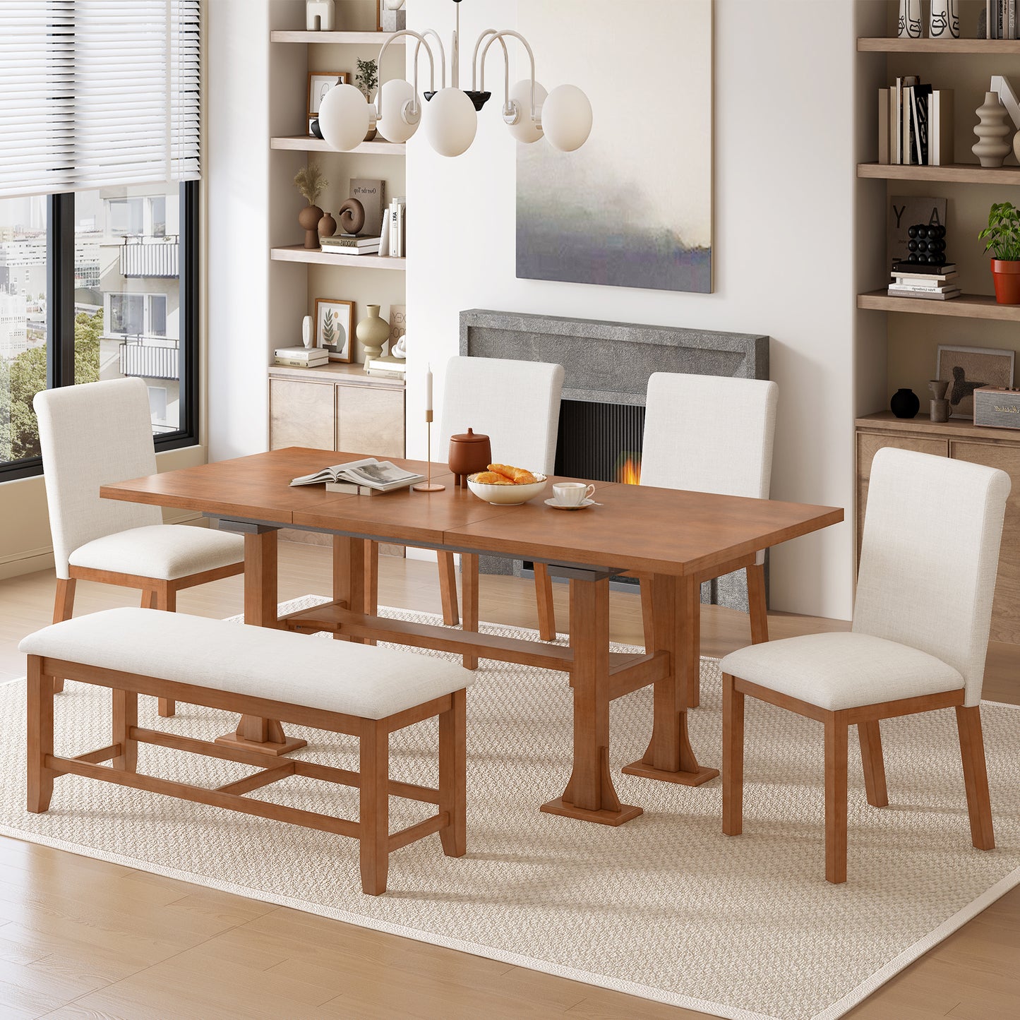 TOPMAX Farmhouse 76inch 6-Piece Extendable Dining Table Set Trestle Kitchen Table Set With 18inch Removable Leaf And Upholstered Dining Chair And Bench For Dining Room, Brown Ivory