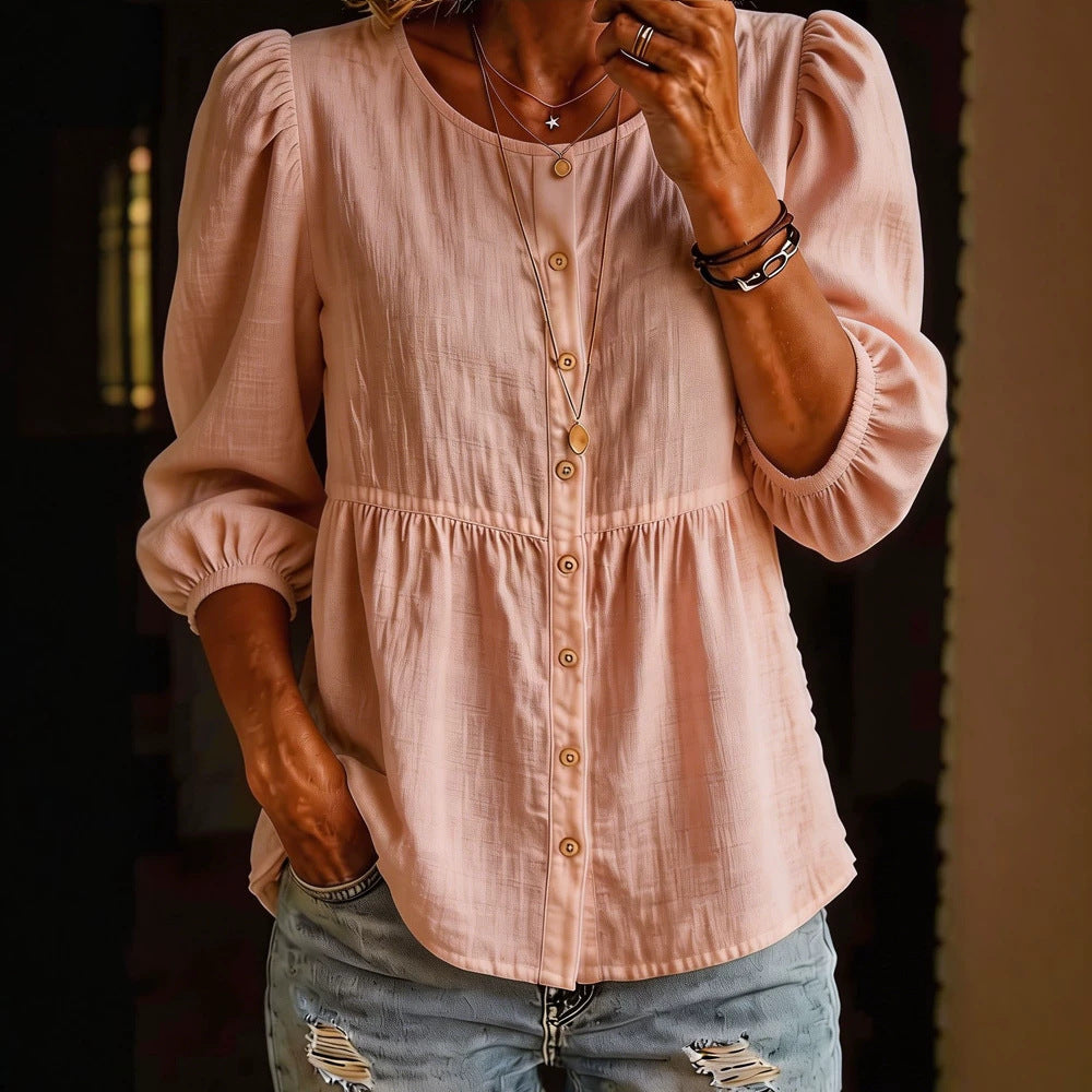 Casual Fashion Solid-Color Three-Quarter-Sleeve Crew-Neck Button-Down Shirt