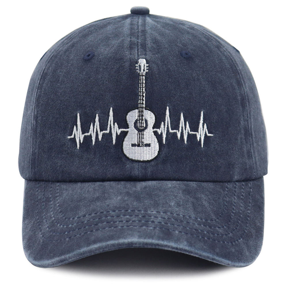 2pcs Washed Navy Baseball Cap For Men Women, Guitar Heartbeat Line Embroidered Vintage Hat, Music Lovers Casual Outdoor Cotton Hat