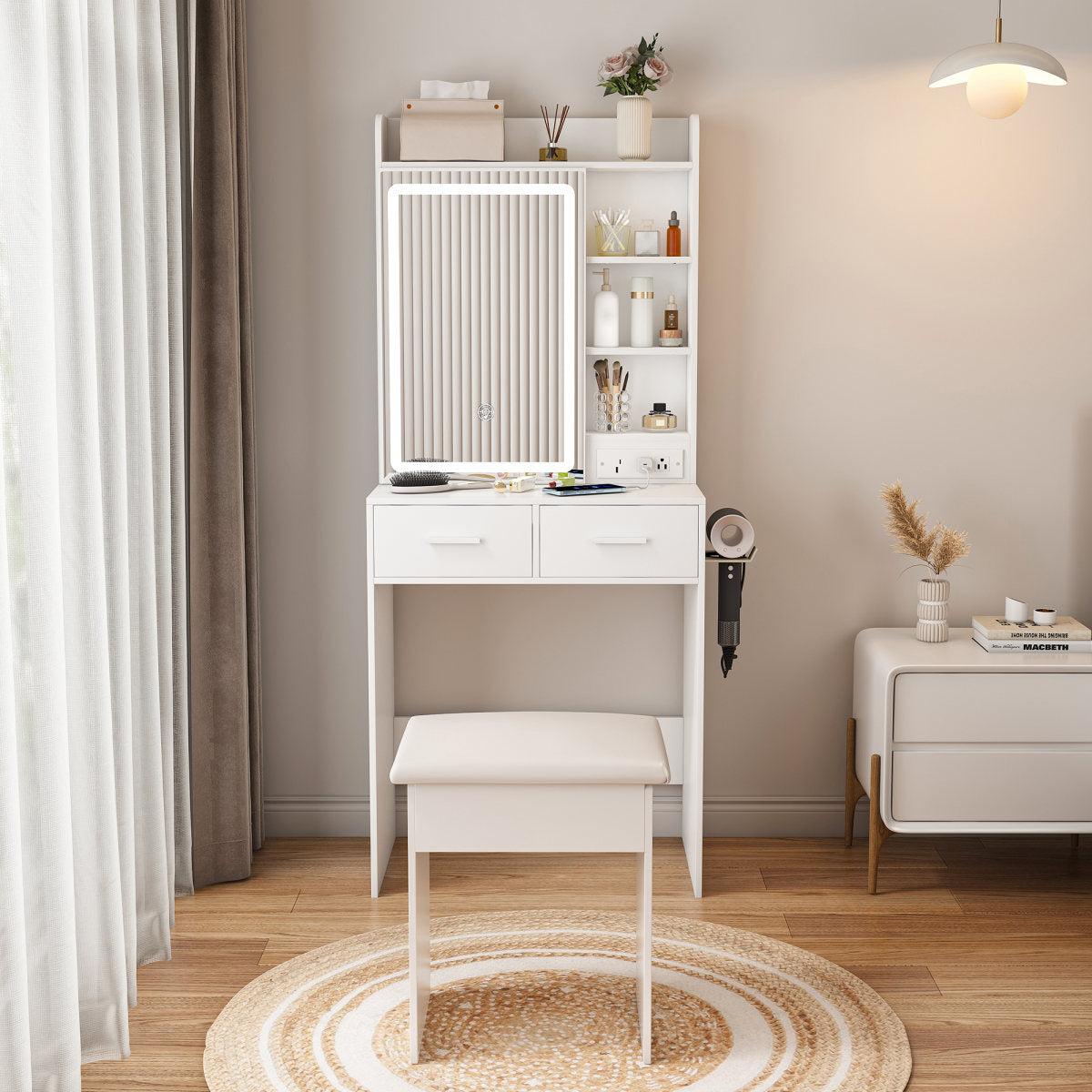 Small Makeup Vanity Desk With Mirror & Adjustable LED Lights,Built-in Power Outlet & Hidden Storage, Includes Padded Stool & Shelf,Space-Saving Dressing Table For Small Bedrooms,White
