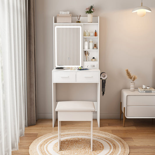 Small Makeup Vanity Desk With Mirror & Adjustable LED Lights,Built-in Power Outlet & Hidden Storage, Includes Padded Stool & Shelf,Space-Saving Dressing Table For Small Bedrooms,White