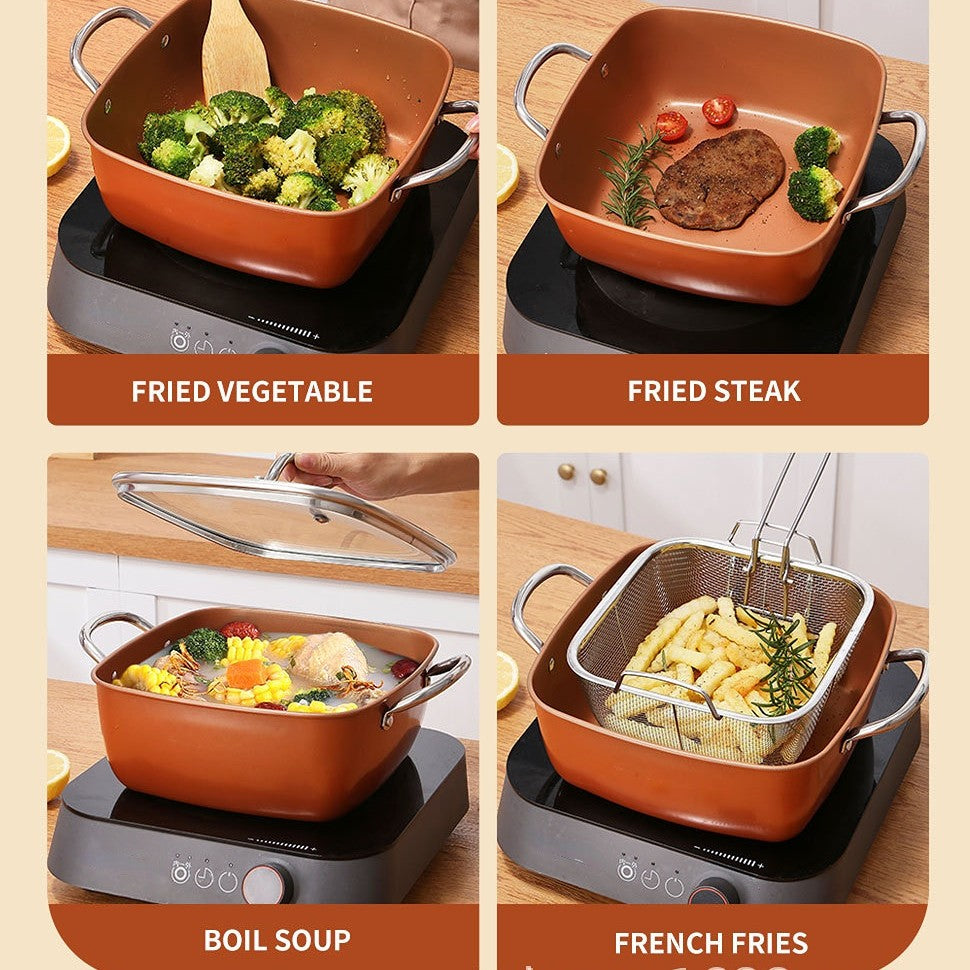 24cm Square Kitchen Fryer Non Stick Chip Pan Potato Fryer W  Basket Cooking Pot